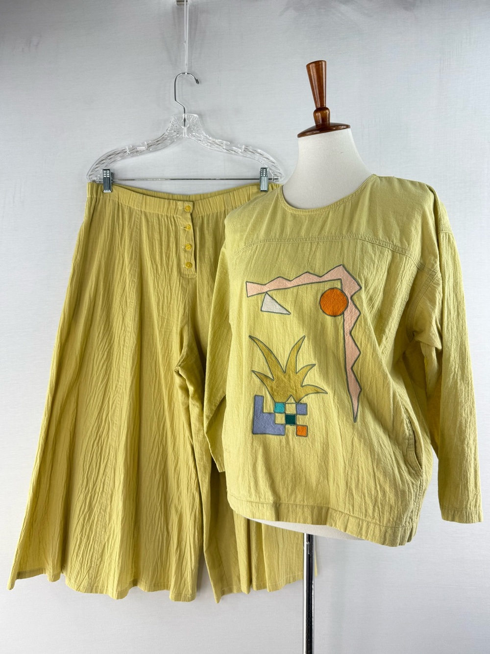 ShirtStrings Vintage 80s Yellow Cotton Two-Piece Top and Wide-Leg Pants Set